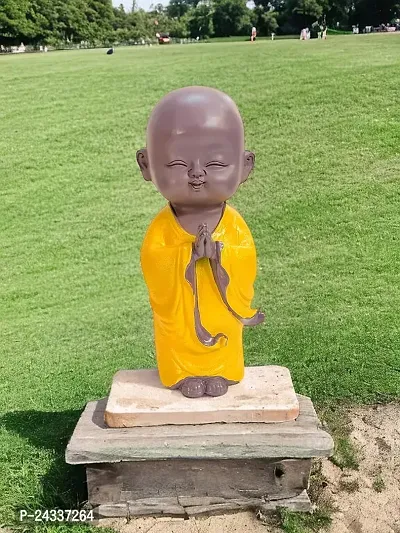 Premium Monk Statue For Home Decor Showpiece Small Laughing Idol For Living Room (Namaste Buddha Yellow)