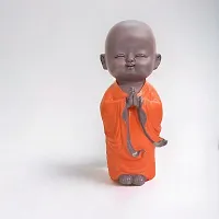 Premium Monk Statue For Home Decor Showpiece Small Laughing Idol For Living Room (Namaste Buddha Orange)-thumb1