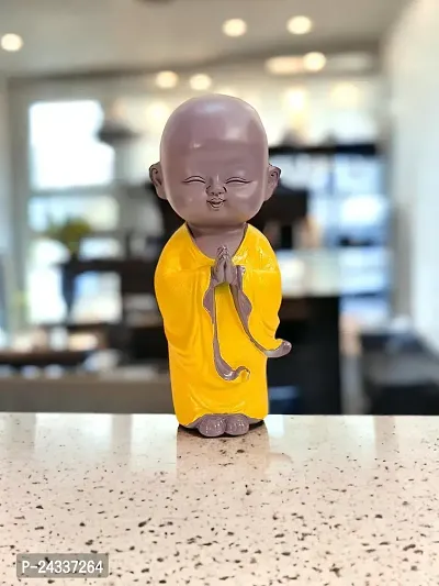 Premium Monk Statue For Home Decor Showpiece Small Laughing Idol For Living Room (Namaste Buddha Yellow)-thumb2