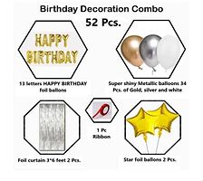 Happy Birthday Decoration Kit Gold Combo- 52 Pcs Set Of 34 Pcs Metallic Balloons (Gold, White And Silver), 13 Letter Happy Birthday Foil Balloons, 2Pcs Golden Foil Curtain, 2 Pcs Star Balloons-thumb1