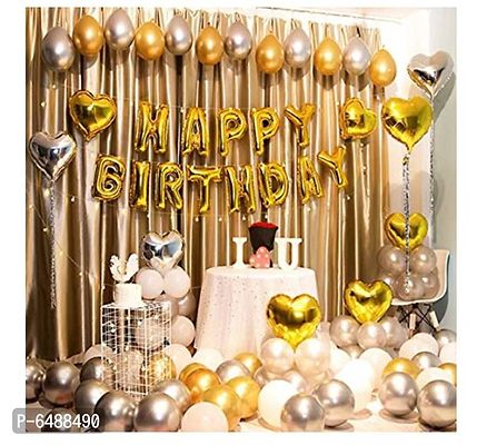 Happy Birthday Decoration Kit Gold Combo- 52 Pcs Set Of 34 Pcs Metallic Balloons (Gold, White And Silver), 13 Letter Happy Birthday Foil Balloons, 2Pcs Golden Foil Curtain, 2 Pcs Star Balloons-thumb0