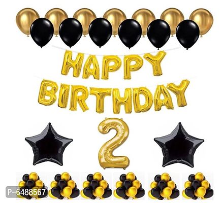 1 Set Happy Birthday Foil Balloons (Golden Color, 2 Pcs Black Foil Star , 50 Pcs Metallic Balloons (Black and Golden),2 No. Foil Number Golden-thumb0