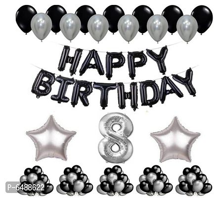 1 Set Happy Birthday Foil Balloons Black Color , 2 Pcs Silver Foil Star , 50 Pcs Metallic Balloons (Black and Silver ),8 No. Foil Number Silver-thumb0