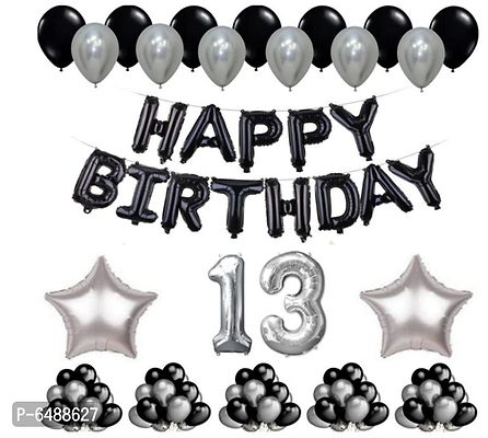 1 Set Happy Birthday Foil Balloons Black Color , 2 Pcs Silver Foil Star , 50 Pcs Metallic Balloons (Black and Silver ),13No. Foil Number Silver-thumb0