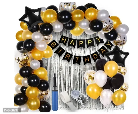 Black, White + Golden Happy Birthday Banner +Latex Party Balloons Combo-thumb0