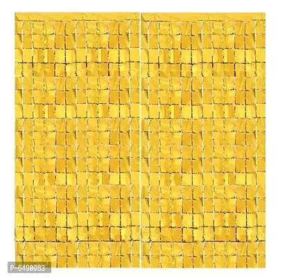 Foil Square Block Curtains - Golden, 2 Pieces Metallic Backdrop Streamers For Party Birthday, Baby Shower, Wedding Decorations-thumb0