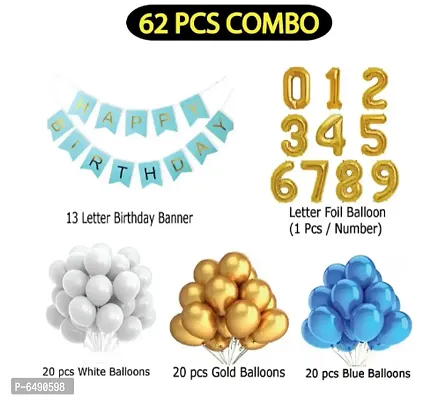 7 Year Decoration Kit For Boy And Girl Happy-Birthday 62 Pcs Combo Items 20 Golden, 20 White 20 Blue Balloons And 13 Letter Happy Birthday Banner And 7 Letter Golden Foil Balloon-thumb2