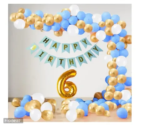 6 Year Decoration Kit For Boy And Girl Happy-Birthday 62 Pcs Combo Items 20 Golden, 20 White 20 Blue Balloons And 13 Letter Happy Birthday Banner And 6 Letter Golden Foil Balloon