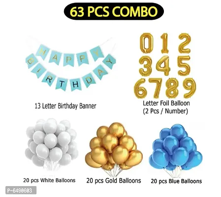 12 Year Decoration Kit For Boy And Girl Happy-Birthday 62 Pcs Combo Items 20 Golden, 20 White 20 Blue Balloons And 13 Letter Happy Birthday Banner And 12 Letter Golden Foil Balloon-thumb2
