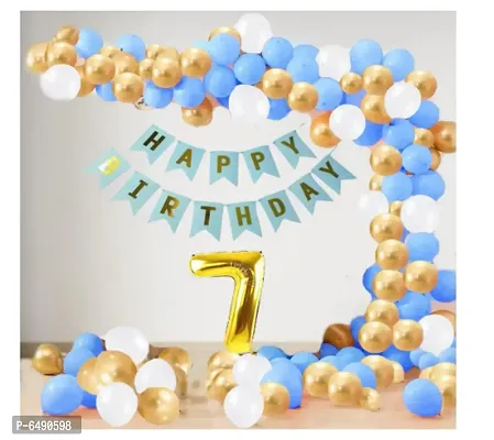 7 Year Decoration Kit For Boy And Girl Happy-Birthday 62 Pcs Combo Items 20 Golden, 20 White 20 Blue Balloons And 13 Letter Happy Birthday Banner And 7 Letter Golden Foil Balloon-thumb0