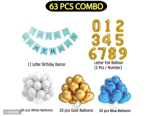 14 Year Decoration Kit For Boy And Girl Happy-Birthday 62 Pcs Combo Items 20 Golden, 20 White 20 Blue Balloons And 13 Letter Happy Birthday Banner And 14 Letter Golden Foil Balloon-thumb2