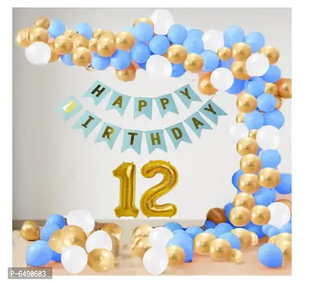 12 Year Decoration Kit For Boy And Girl Happy-Birthday 62 Pcs Combo Items 20 Golden, 20 White 20 Blue Balloons And 13 Letter Happy Birthday Banner And 12 Letter Golden Foil Balloon