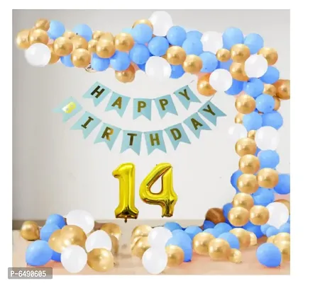 14 Year Decoration Kit For Boy And Girl Happy-Birthday 62 Pcs Combo Items 20 Golden, 20 White 20 Blue Balloons And 13 Letter Happy Birthday Banner And 14 Letter Golden Foil Balloon-thumb0