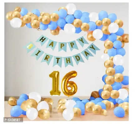 16 Year Decoration Kit For Boy And Girl Happy-Birthday 62 Pcs Combo Items 20 Golden, 20 White 20 Blue Balloons And 13 Letter Happy Birthday Banner And 16 Letter Golden Foil Balloon