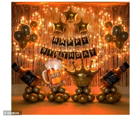 Happy Birthday Banner Decoration Kit - 63Pcs Set For Boys Husband Balloons Decorations Items Combo With Cheers Foil Balloon Crown Foil, Age Perfect, Metallic Balloons With Fairy Light-thumb0