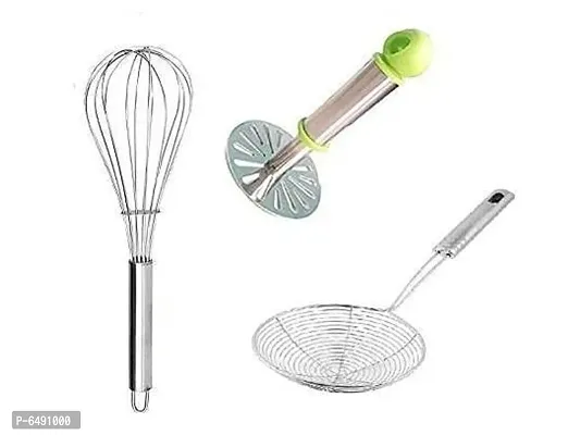 Useful Steel 1 Masher, 1 Egg Beater Whisker And 1 Deep Fry Strainer-thumb0