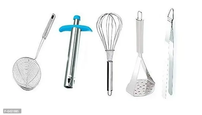 Useful Stainless Steel 1 Deep Strainer , 1 Gas Lighter , 1 Steel Whisk , 1 U Shape Potato Masher 1 Chimta