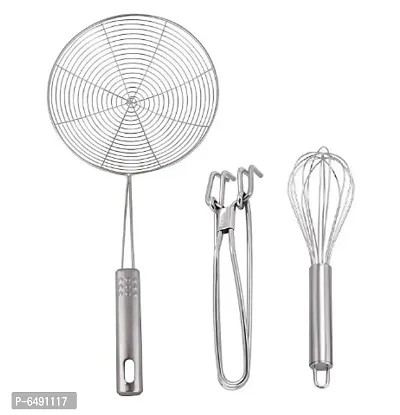 Useful Combo Of Stainless Steel Deep Fry Strainer, Stainless Steel Kitchen Pakad Tool And Stainless Steel Egg Beater Whisk-thumb0