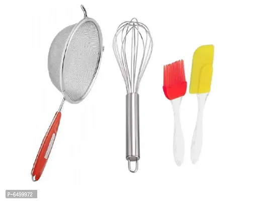 Tea Strainer ( Chalni), Egg Beater ( Steel) And Silicone Mini Spatula And Oil Brush Set