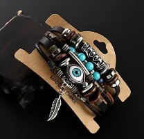 Tribal Evil Eye Genuine Leather Bracelet with Turquoise Stone and Feather Charm-thumb2