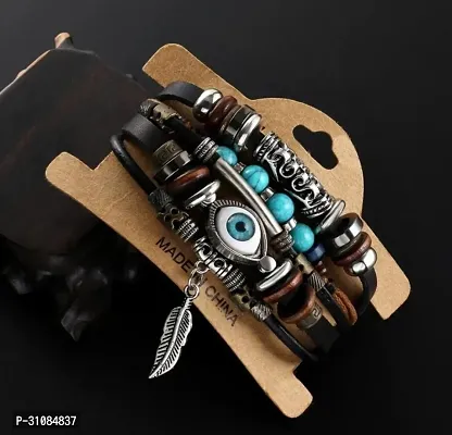 Tribal Evil Eye Genuine Leather Bracelet with Turquoise Stone and Feather Charm-thumb3