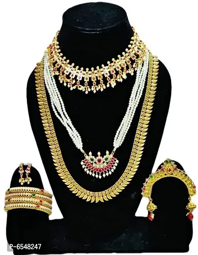Golden Alloy Bridal Necklace Set Combo for Women-thumb0