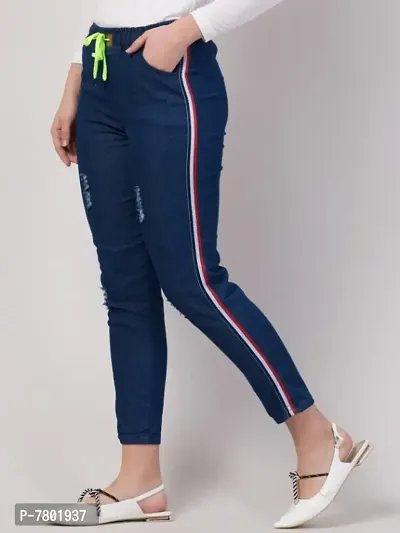 Blue Denim Lycra Side Stripe Jeans   Jeggings For Women