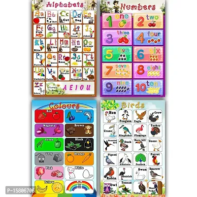 Xpresssion Decor Multicolour Educational Poster - ABC Alphabet, Number 1-10, Colours, Birds Charts (12x18 Rolled Paper ed-01-02-03-04-setof4), Medium