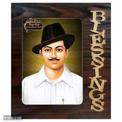 PnF Blessings Hand Crafted Wooden Table with Photo of Bhagat Singh 19733,Multicolour, Medium