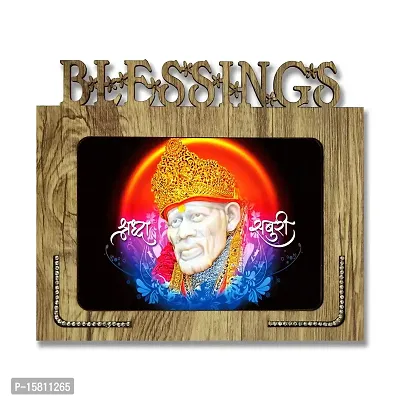 PnF Blessings Hand Crafted Wooden Table with Photo of Sai Baba Size of Photo Frame (9 * 7.75inch, Multicolor, MDF)