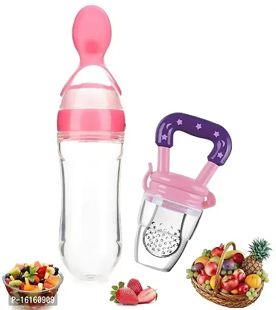Baby Feeding Bottle with Spoon  Fruit Food Feeder Combo Pack (Baby Pink)-thumb0