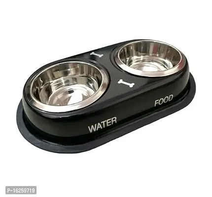 SET PET Stainless Steel Double Diner Dog and Cat Food Bowls Eating Food (Medium - Black)