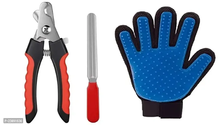 SET PET  Combo of Dog Grooming Glove with Professional Stainless Steel Tool Nail Clipper Cutter with Nail File for Cat  Dog- Red Black -Large