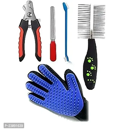 SET PET Grooming Combo for Dog, Puppy, Cat and Kitten, Nail Cutter, Nail Grinder, Comb Double Side Plastic Handle, Grooming Gloves - Combo of 5