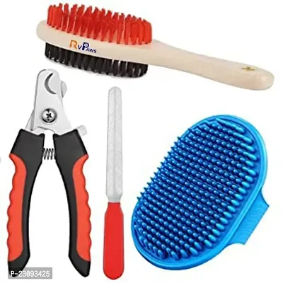 SET PET Dog Grooming Combo Set of Soft Dog Brush Double Side (Medium) + Hand Shaped Rubber Massager Brush Glove + Nail Cutter with Filer ndash; Pack of 3 (Color...