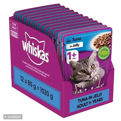 Whiskas Wet Cat Food for Adult Cats (1+Years), Tuna in Jelly Flavour, 12 Pouches (12 x 85g)