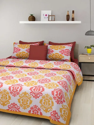 Multicoloured Printed Cotton Double Bedsheet with 2 Pillow Cover