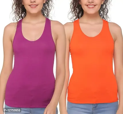 Sona Women's Cotton Sports Racer Back Tank Top Camisole (8008_Moov-Orange_L) Pack of 2