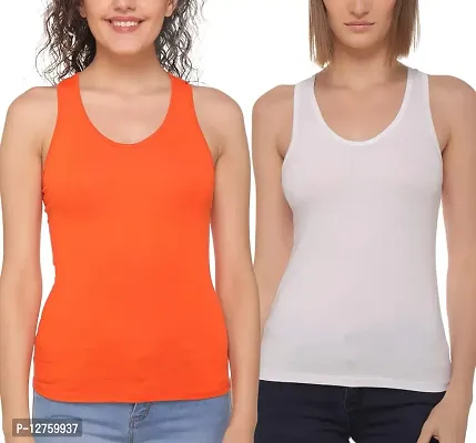 Sona Women's Cotton Sports Racer Back Tank Top Camisole (8008_Orange-White_M) Pack of 2