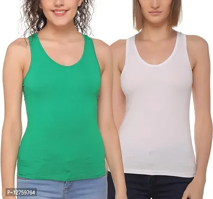 Sona Women's Cotton Sports Racer Back Tank Top Camisole (8008_Green-White_XL) Pack of 2-thumb0