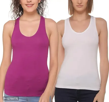 Sona Women's Cotton Sports Racer Back Tank Top Camisole (8008_Moov-White_L) Pack of 2