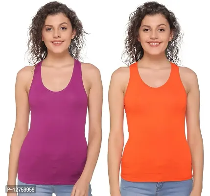 Sona Women's Cotton Sports Racer Back Tank Top Camisole (8008_Moov-Orange_L) Pack of 2-thumb2