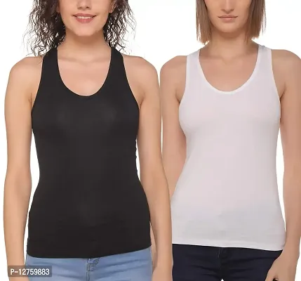 Sona Women's Cotton Sports Racer Back Tank Top Camisole (8008_Black-White_XL) Pack of 2-thumb0