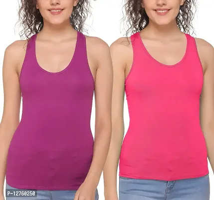 Sona Women's Cotton Sports Racer Back Tank Top Camisole (8008_Moov-Pink_L) Pack of 2