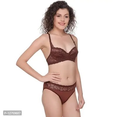 SONA Women's SA-5501 Lace Non Wired Full Coverage Bra & Panty Sets (Coffee_30B)-thumb2