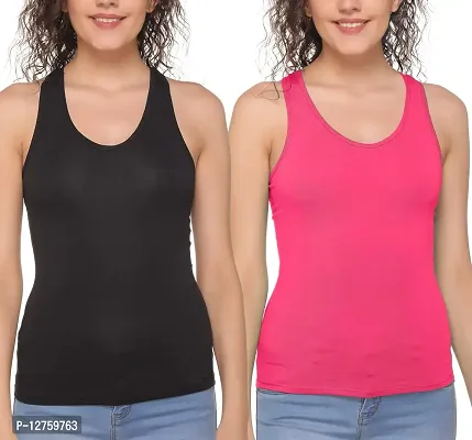 Sona Women's Cotton Sports Racer Back Tank Top Camisole (8008_Black-Pink_L) Pack of 2-thumb0