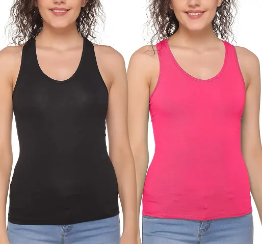 Sona Women's Sports Racer Back Tank Top Camisole (8008_Black-Pink_L) Pack of 2