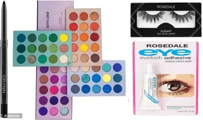 Beauty Kajal And  60 Colors Matte with Shimmer High Pigmented Color Board Blendable Eyeshadow And Waterproof False Eyelash with Waterproof Adhesive Gluenbsp;nbsp;(4 Items In The Set)