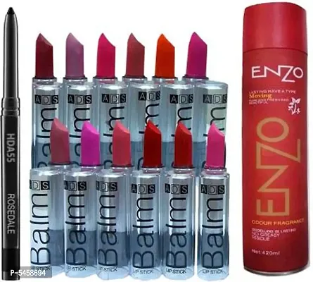 Balm Matte Lipstick Set Of 12   Enzo Red Hair Styling Strong Hair Holding Spray With Auto Kajalnbsp;nbsp;(14 Items In The Set)