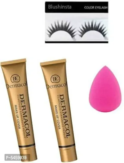Combo Set Of Make Up Cover Foundation With Eyelashes, Sponge Puff (4 Items In The Set)-thumb0